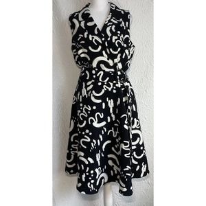 Tahari Women's Black And White Graphic Print Sleeveless Collar Belt Dress 10